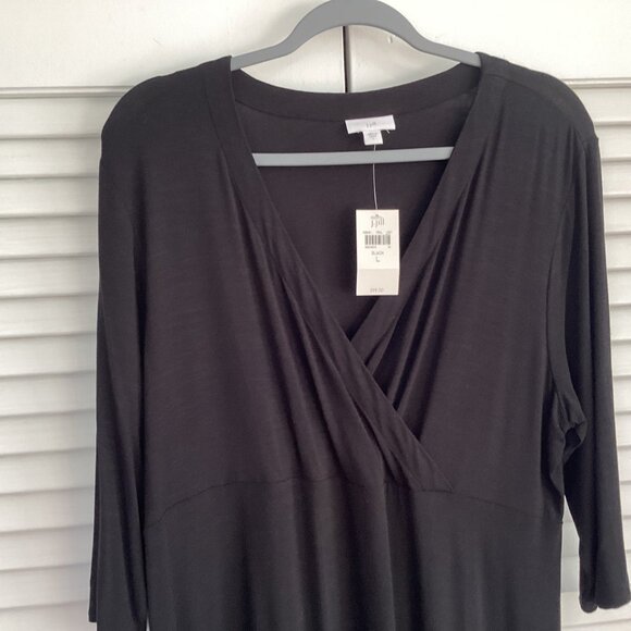 NWT J.Jill Black Midi Dress Size L Stretchy Knit Rayon Crossover Casual Surplice - Picture 4 of 12